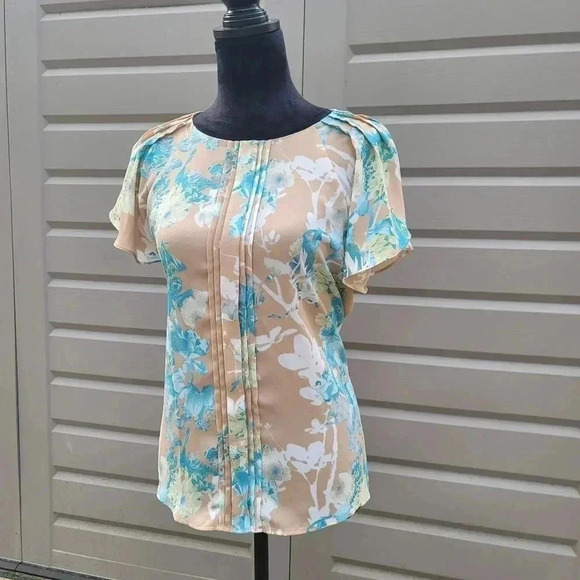 Worthington Womens Short Sleeve Floral Blouse Top Beige Blue Keyhole Petite L PL - Picture 2 of 8